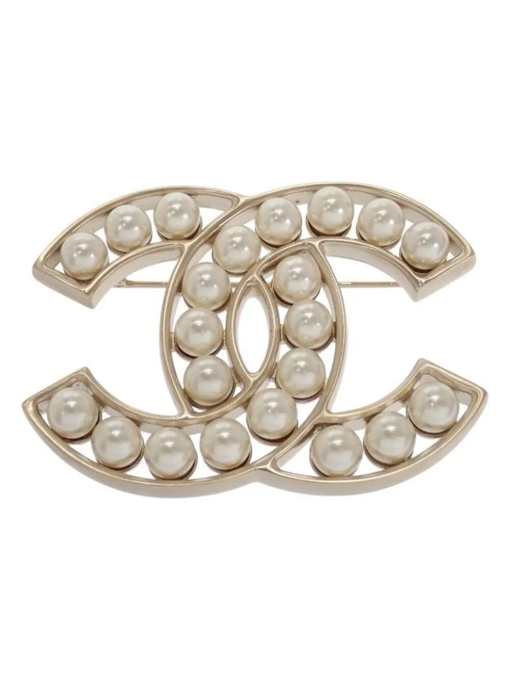 Chanel CC Logo Pearl Brooch Metal Faux White Gold White